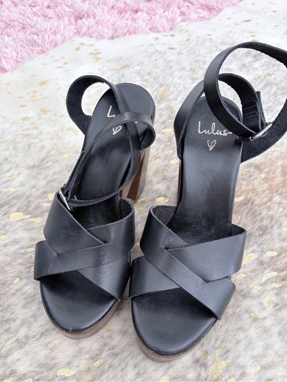 Lulu's Black Strappy Leather Platform Sandals with Ankle Buckle